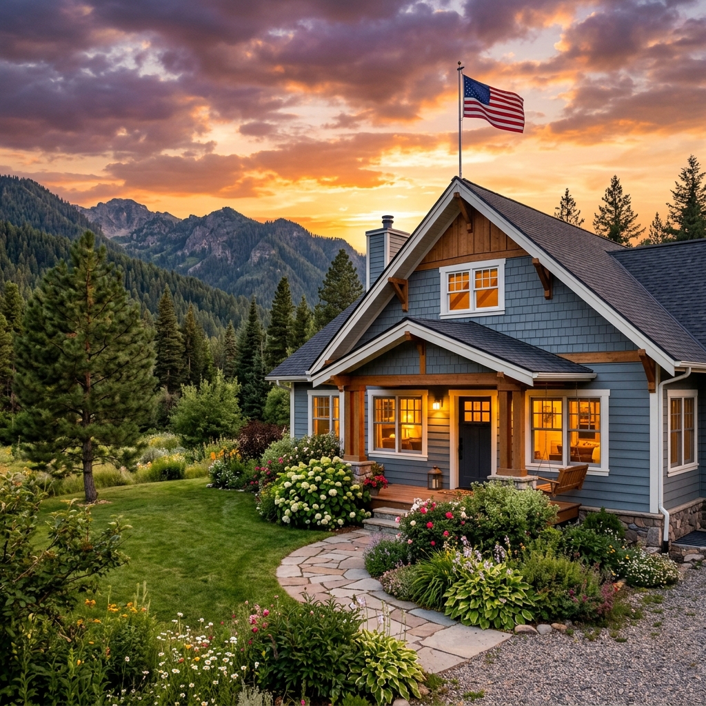 Beautiful American craftsman home at sunset with LS Windows
